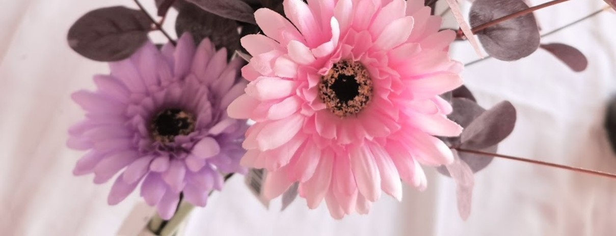 artificial silk gerbera in lilac and pink with silk eucalyptus